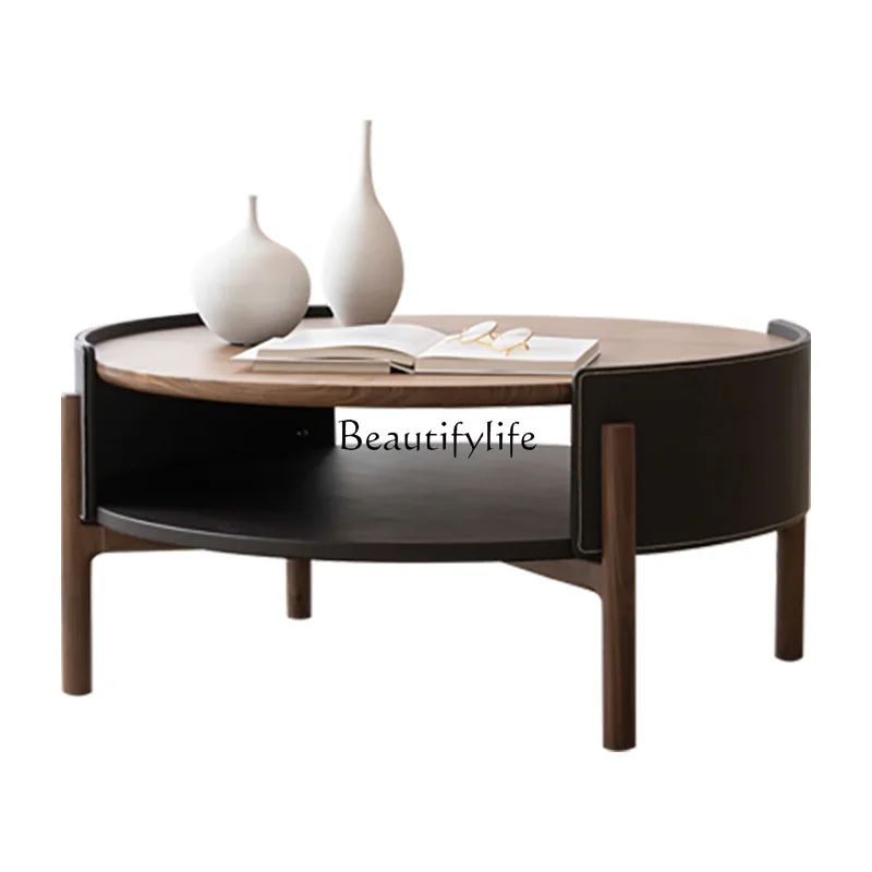 

Nordic Ash Solid Wood Saddle Leather Tea Table Modern Minimalist Walnut round Table