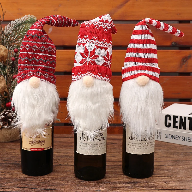 4Pcs Christmas Plush Gnomes Wine Bottle Toppers Knitted Tomte Christmas Bottle Covers Decorative For Xmas New Year JAF288
