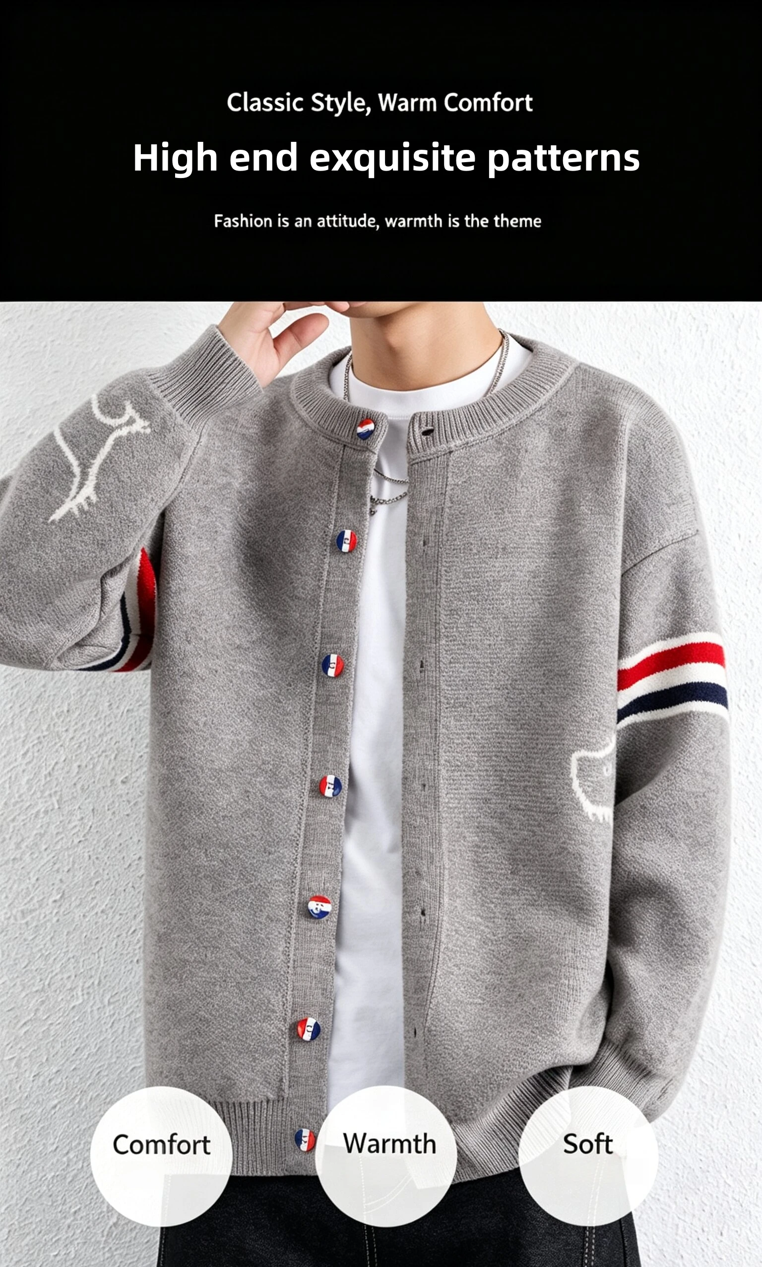 Hochwertiger gestreifter Pullovermantel für Herren lässiges Design Farbblockierung Knopfleiste Winter Rundhalsausschnitt dicker warmer Strickcardigan – Detail 2