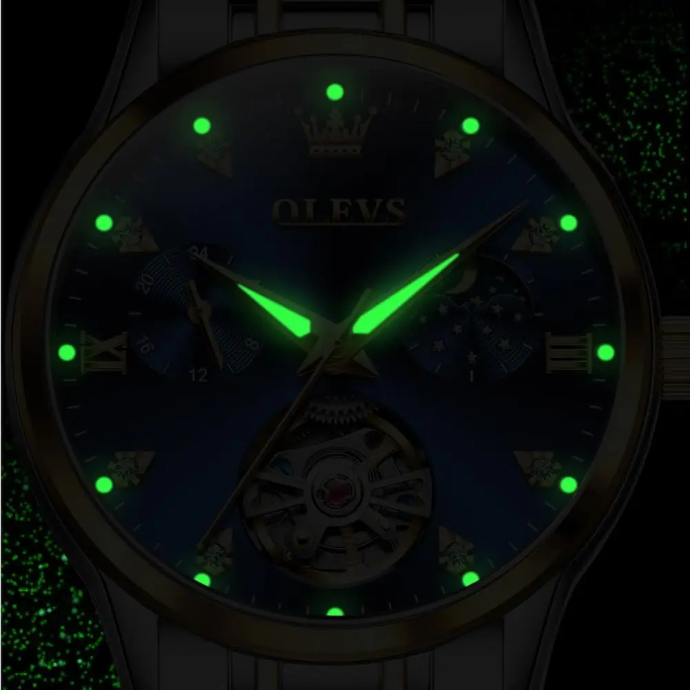 ساعة نسائية أوتوماتيكية فاخرة مع مرحلة القمر، ستانلس ستيل ذهبي/فضي، مقاومة للماء #5