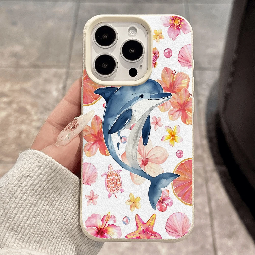 Dolphin Pink Hibiscus Phone Case For iPhone 17 16 15 14 13 12 Pro Max 17 16 15 14 Pro 16 15 14 Plus 17Air Silicone Matte Cover