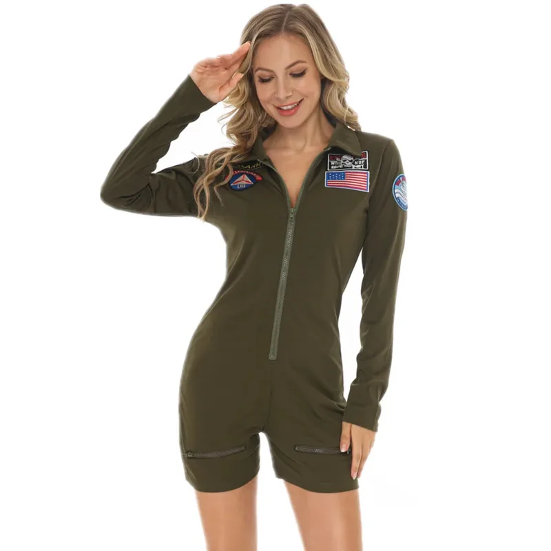 Top Gun Cosplay American Airforce Aviator Uniform Halloween Costumes For Women Adult Army Green Military Pilot Jumpsuit