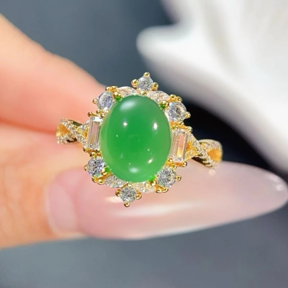 

Natural Chalcedony Ring with Certificate 8x10mm 3ct Genuine Chalcedony 925 Silver Gold Plated Jewelry Birthday Gift for Women