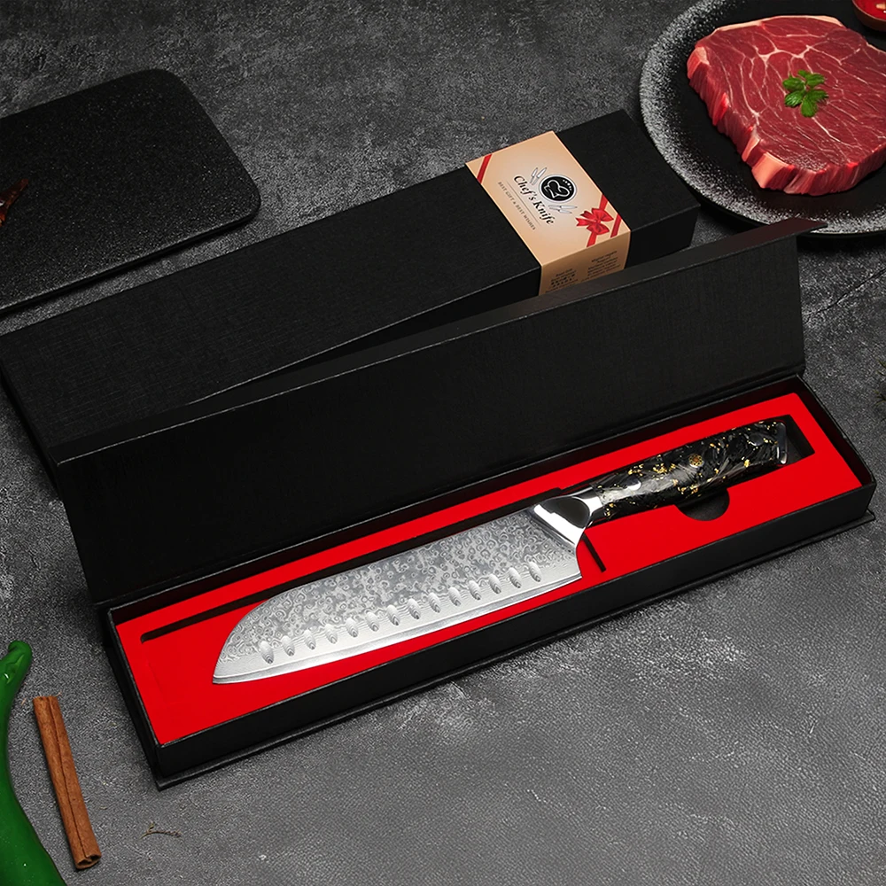 Professionelles Santoku-Messer aus Damaststahl, handgeschmiedetes VG-10-Küchenmesser für das Hacken von Fleisch, Fisch, Obst und Gemüse – Detail 6
