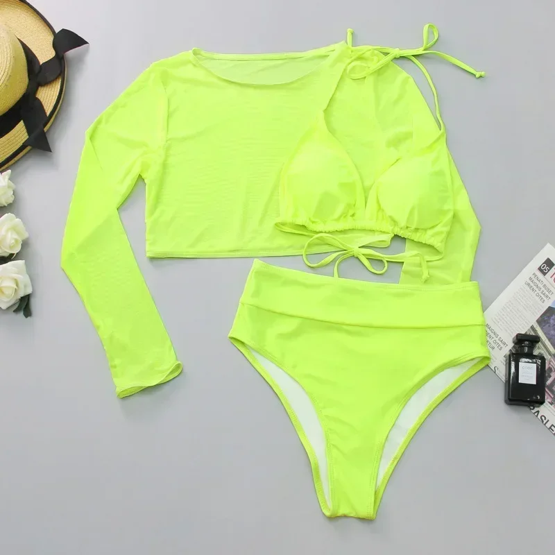 Sexy Neon orange Bikini 2024 Women Long Sleeve Mesh Cover Up 3 Piece Swimsuit High Cut Push Up Bathing Suit high waist Swimwear