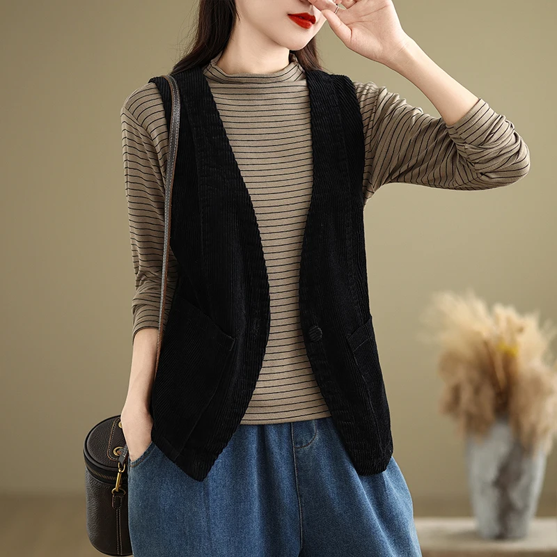 Pure Color V-Neck Velvet Women's Jacket Vest Autumn New Style Fashionable Versatile Button-Up Outerwear by Unknown Brand