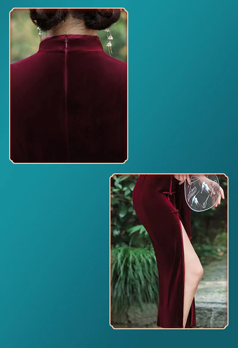 Wine Red Chinese Traditional Cheongsam Autumn Winter Velvet Dress Handmade Button Vintage Women Long Dresses Sexy Qipao