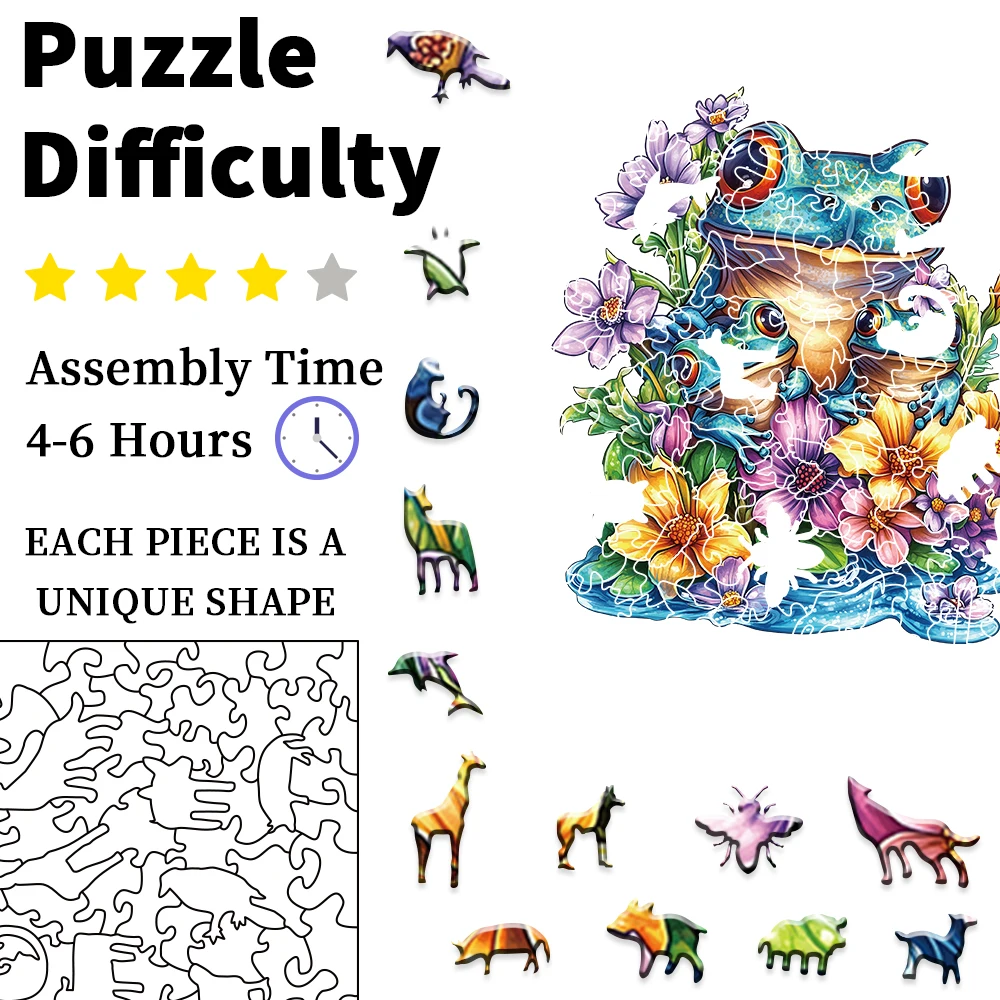 Puzzle in legno dalla forma unica: design di rane e fiori, regalo ideale per adulti e bambini