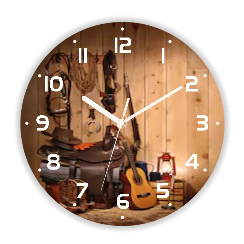 Rustic Western Cowboy Wall Clock for Farmhouse Old American Country Music Large Round Wall Watch LIving Room Kitchen Home Decor