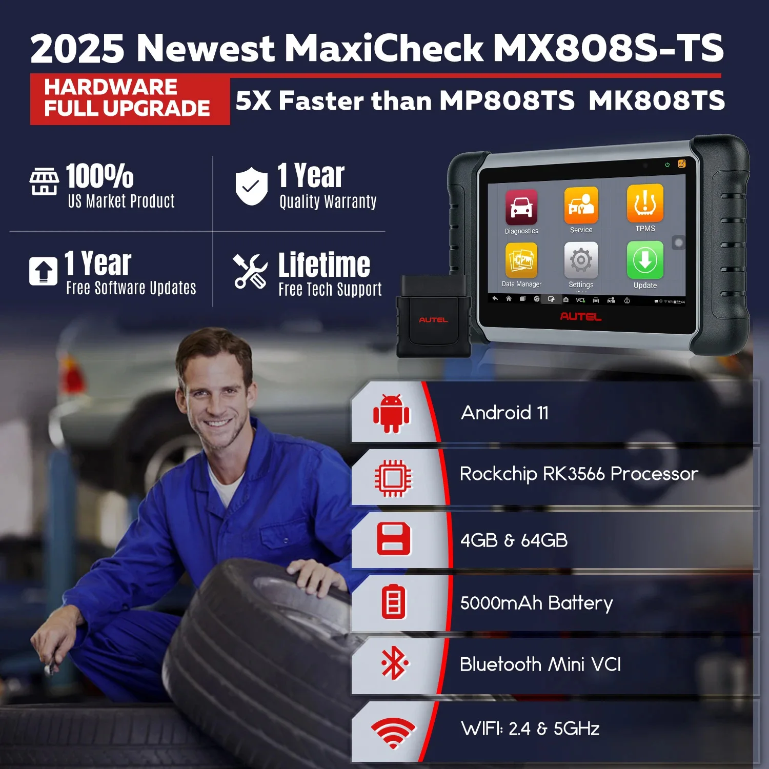 Autel MaxiCheck MK808S-TS MX808S-TS OBD2 Scanner TPMS Programming/Relearn Bi-directional Tool With All-System Diagnostic 2025