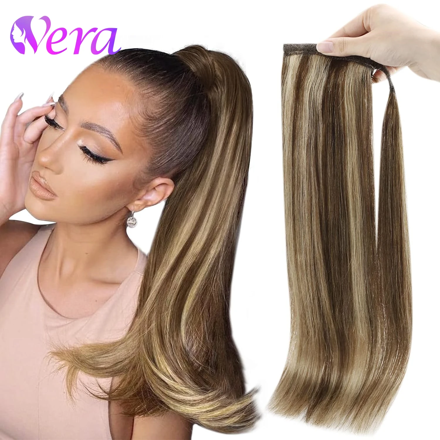 Long Straight Wrap Around Ponytail Extension, Clip In Ponytail, extensões de cabelo, cor destaque, marrom Mix, loira, cabelo Ombre, #4, 27