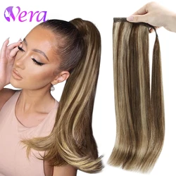 Ponytail Extension Long Straight Wrap Around Clip In Ponytail Hair Extensions #4/27 Highlight Color Brown Mix Blonde Ombre Hair