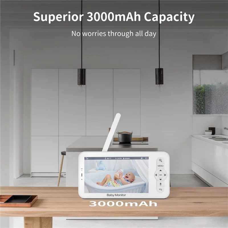 جهاز مراقبة الأطفال عالي الدقة واي فاي مع تطبيق، كاميرا أطفال تكبير 5 بوصة 1080 بكسل، رؤية ليلية، محادثة ثنائية الاتجاه، بطارية 3000 مللي أمبير في الساعة، قابس 1000 قدم-مملكة المتحدة سهل التركيب