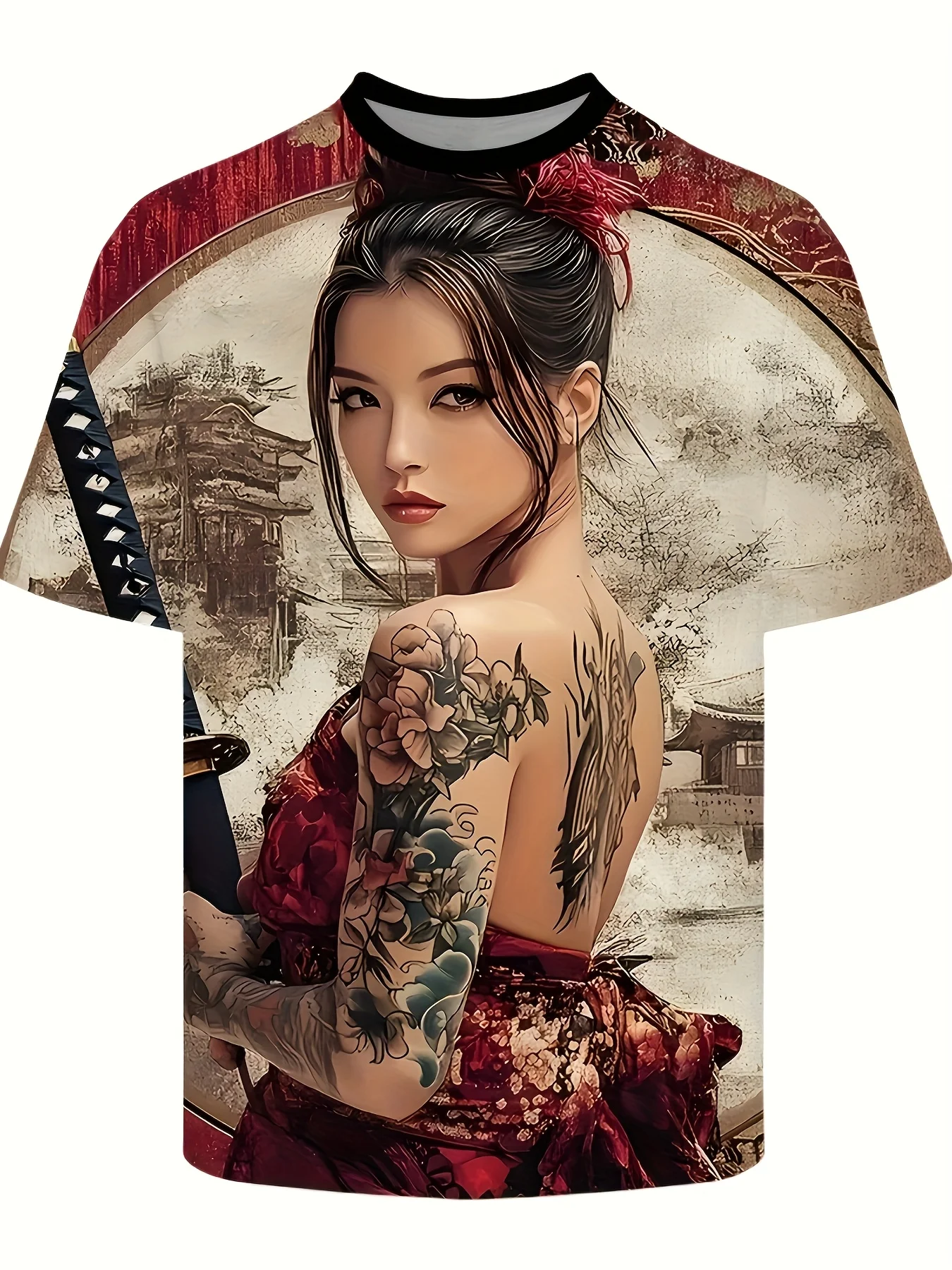 

Men's 3D Printed T-Shirt Japanese Kimono Woman Portrait Short Sleeve Crew Neck Casual Fit Japanese Cultural Design