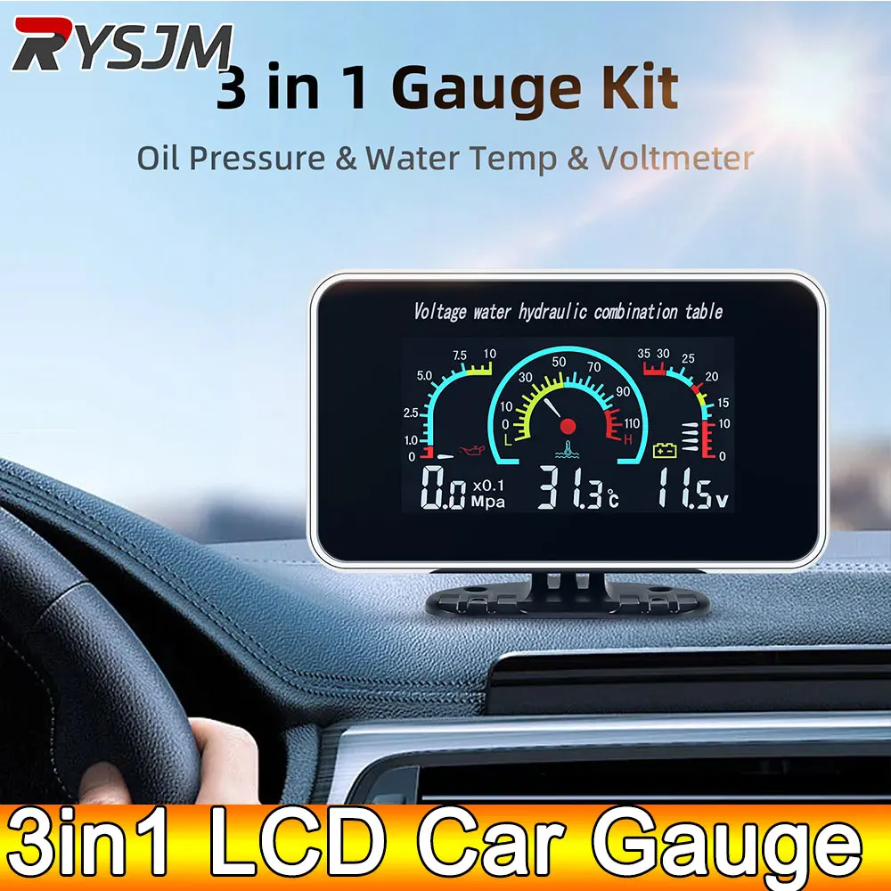 AD 3In1 LCD Car Digital Meter Water Temp meter With Sensor 10mm 1/8NPT Oil Pressure Sensor Oil Pressure Gauges Voltmeter 12V 24V
