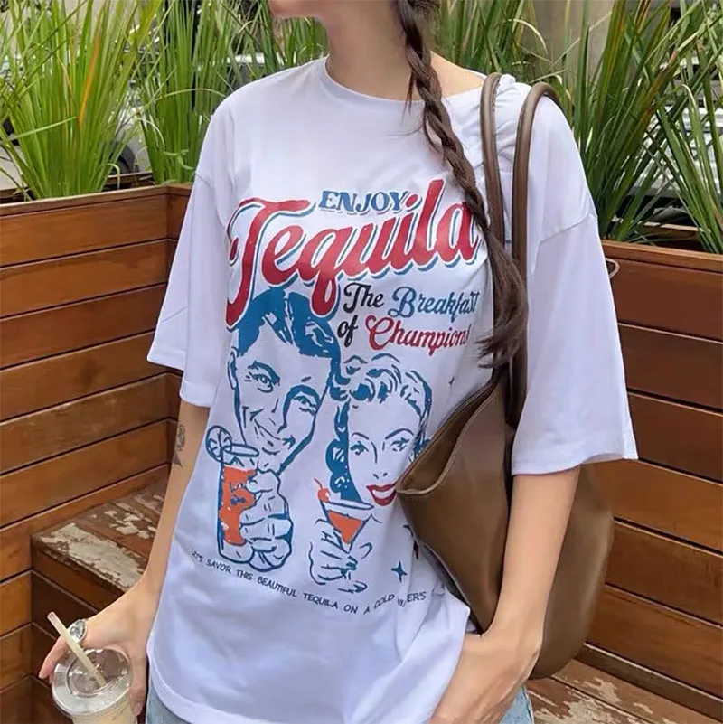Retro Genießen Sie Tequila-Grafik-T-Shirts für Damen, niedlich, lustig, Alkoholtrinken, T-Shirts, Vintage-Mode-Shirts, kurzärmelige Kleidung