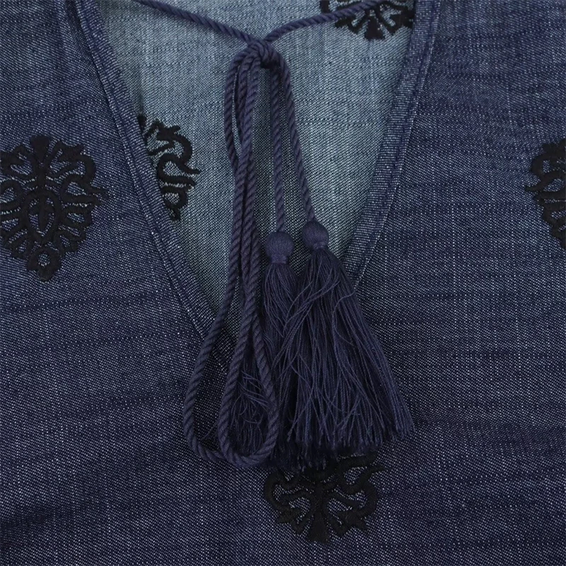 KEYANKETIAN Lente/Herfst Nieuwe Retro stijl Kwastje Lace Up Stand kraag Borduren Denim Shirt vrouwen Losse Trui blouses Top