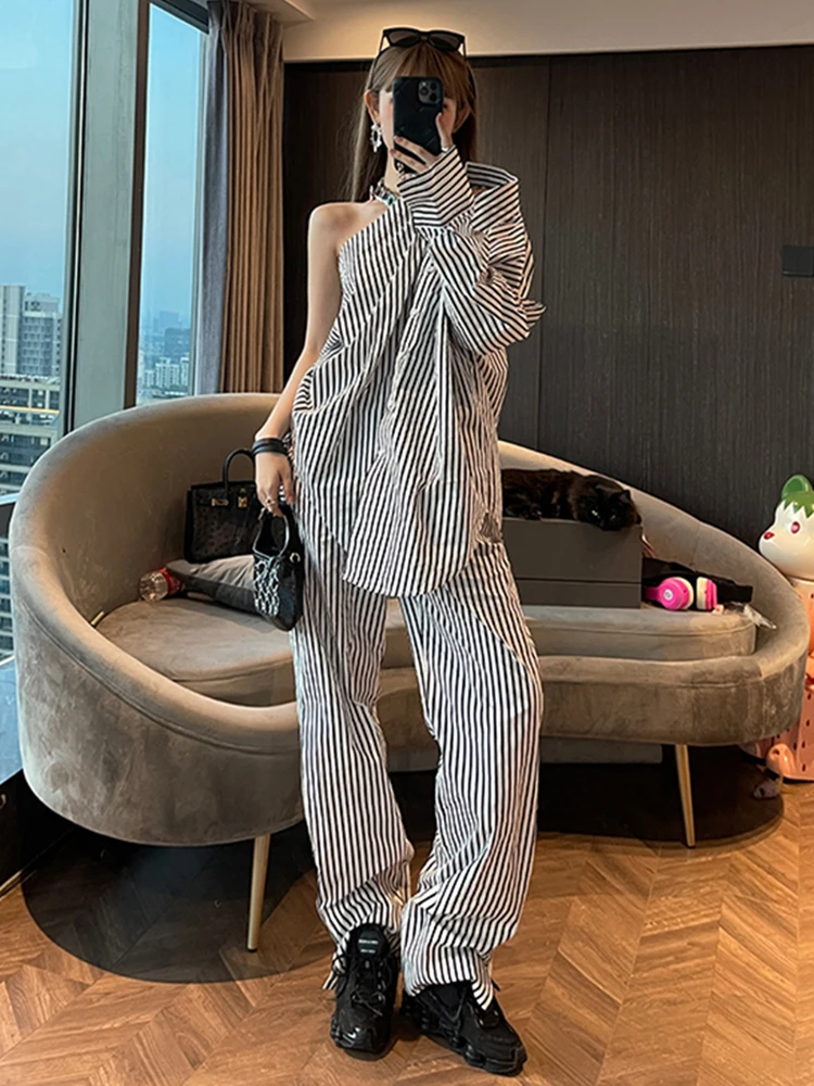 TWOTWINSTYLE Striped Two Piece Sets For Women Lapel Long Sleeve Off Shoulder Tops High Waist Pant Set Female Casual Clothing New