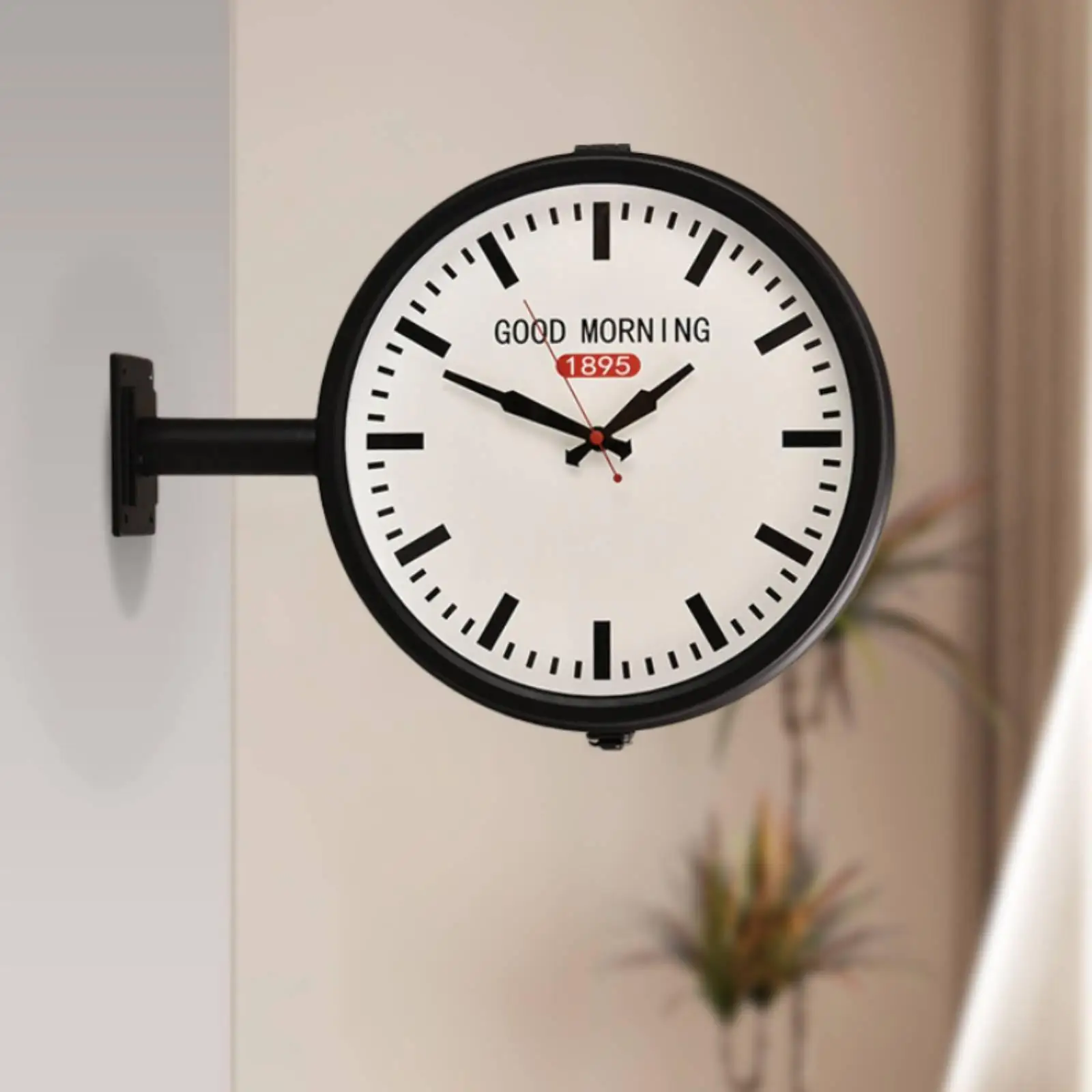 Two Sided Analog Wall Clock Compact Metal Frame Visible Side Bracket for Kitchen Office Common Use