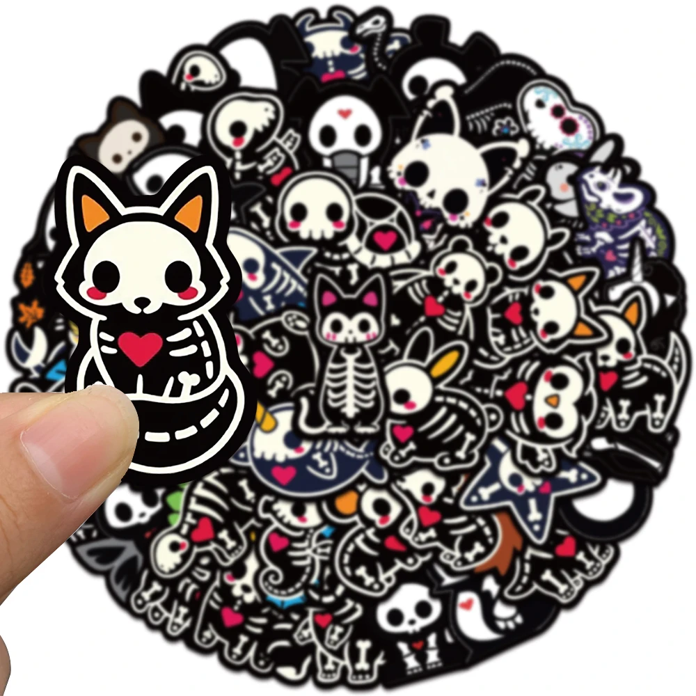 50pcs Black White Cartoon Animals Skeleton Skull Stickers Cute Horror Water Bottle Sticker Luggage Laptop Guitar Vinyl Decals