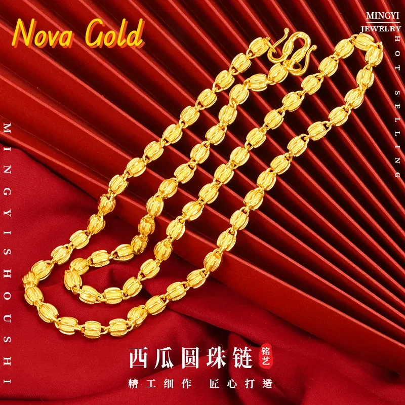 NovaGlod 9999 24K real gold men's 8mm watermelon bead frosted necklace golden atmospheric necklace