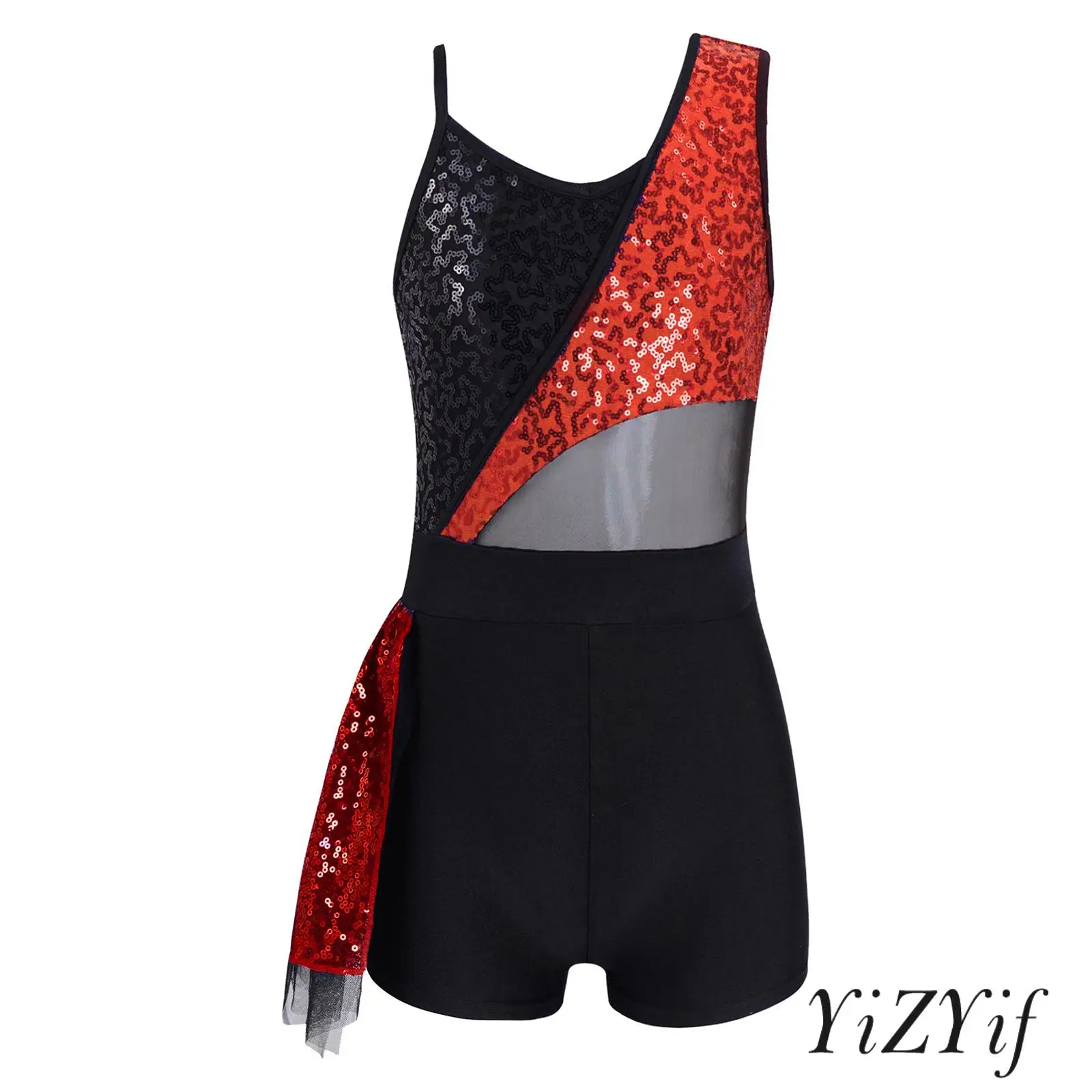 

Kids Girls Sequin Gymnastics Jazz Dance Leotard Dress Trendy One-Shoulder Mesh Ballet Latin Dance Stage Performance Costume