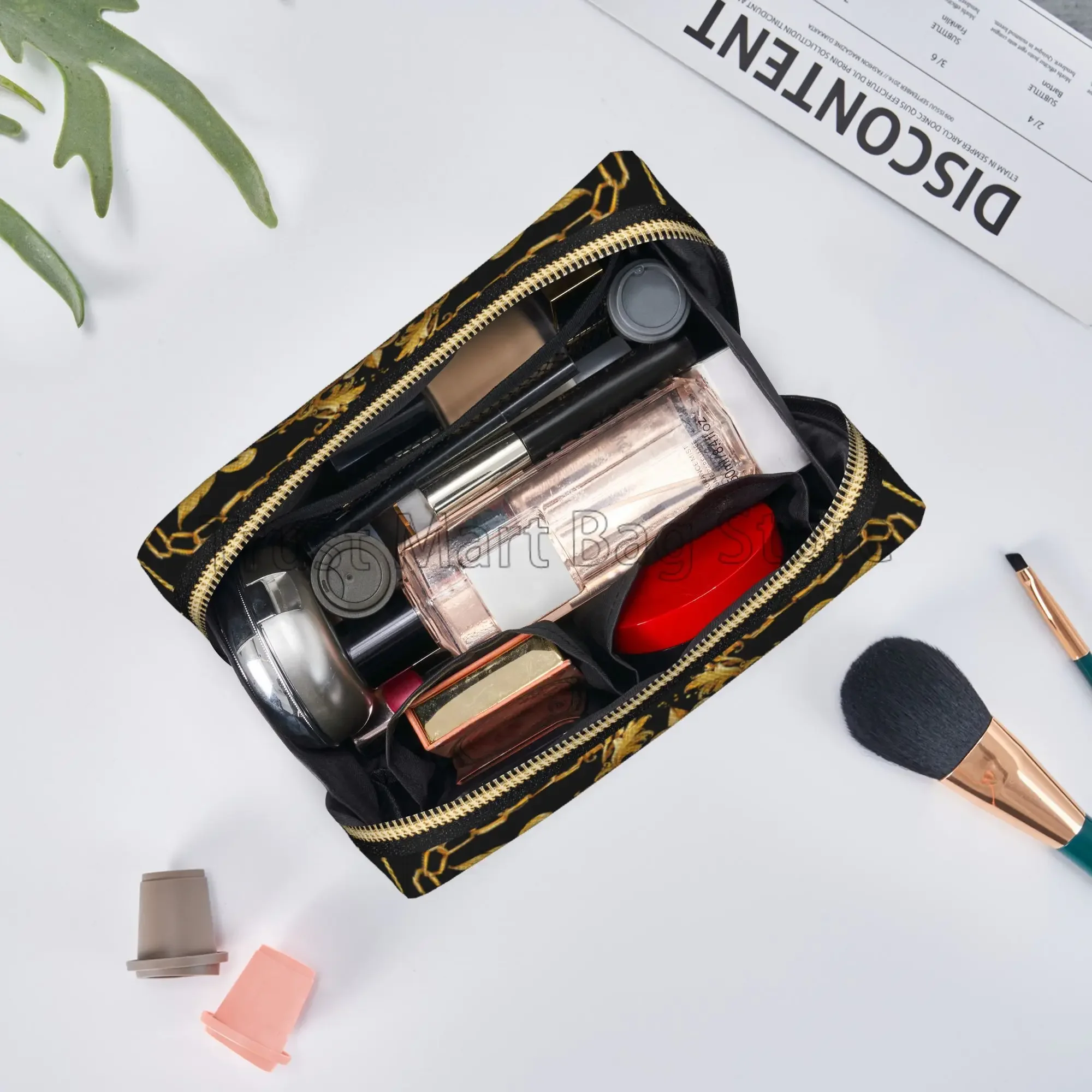 Borsa per il trucco in pelle con stampa barocca leone dorato borsa per cosmetici da viaggio di grande capacità borsa per cosmetici da toilette