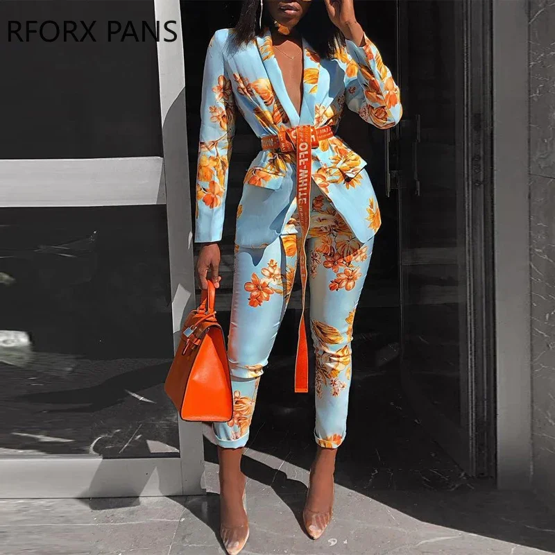 Women Chic Elegant All over Print  Long Sleeve Sashes Ankle-Length Pants Spring Working Blazer Sets