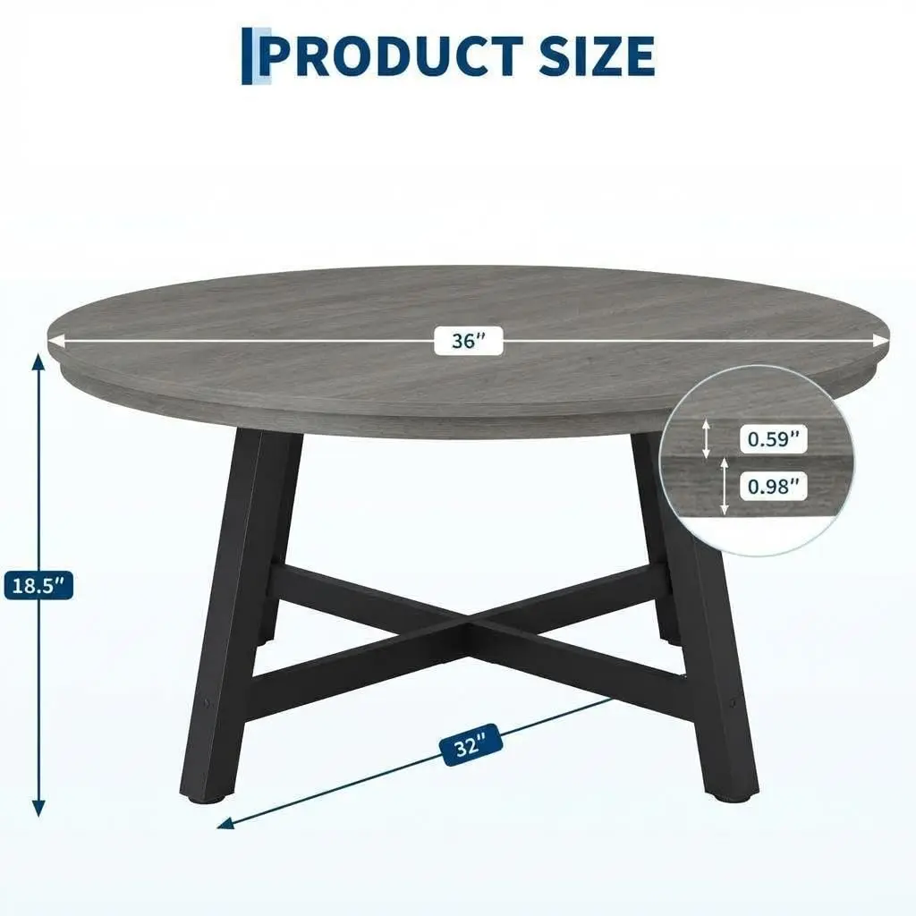 Afbeelding 3: 90 cm ronde salontafel voor woonkamer, moderne industriële stijl, houten blad en metalen poten, salontafel voor woonkamer, kantoor en receptie, grijs