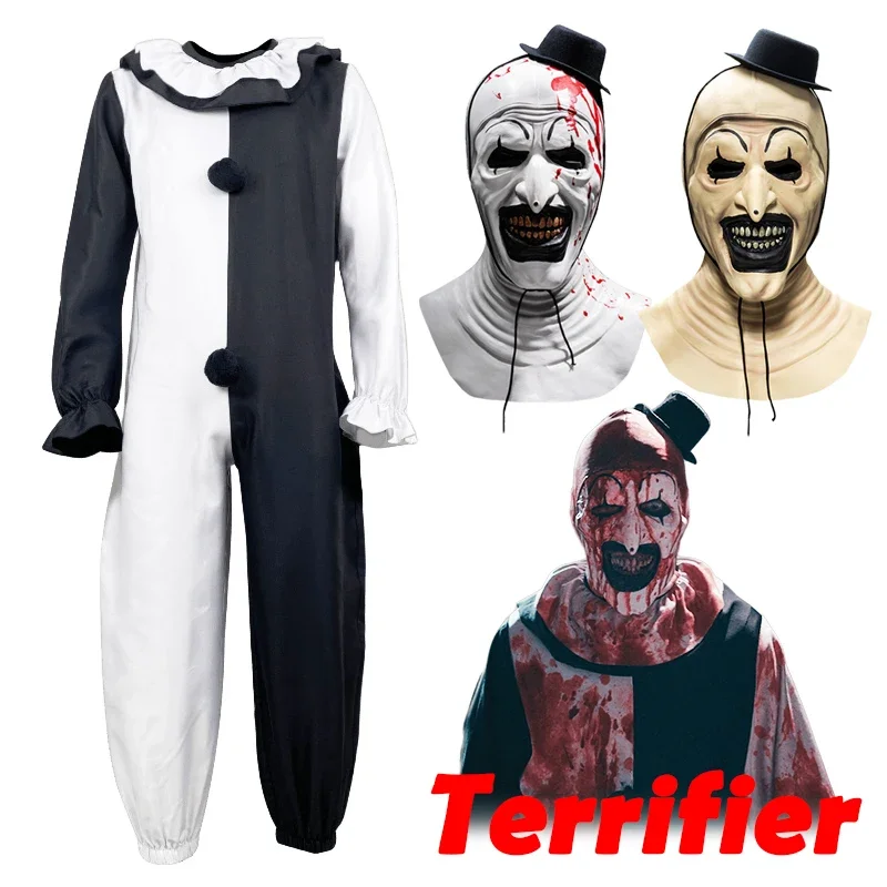 

Terrifier Art The Clown Cosplay Costume Bloody Horror Clown Clothes Bodysuit Mask Suit Halloween Party Costumes for Men Adult