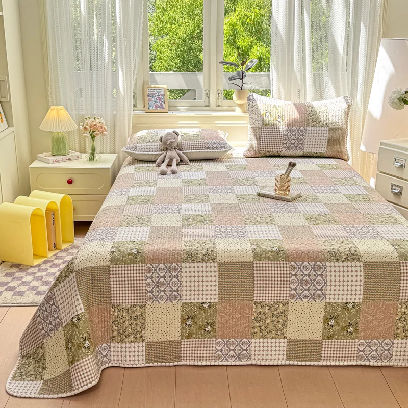 3Pcs Countryside style Patchwork Flower Design Quilted Cotton Bedspread Bed Coverlet Single Double size Bed cover Pillowcases