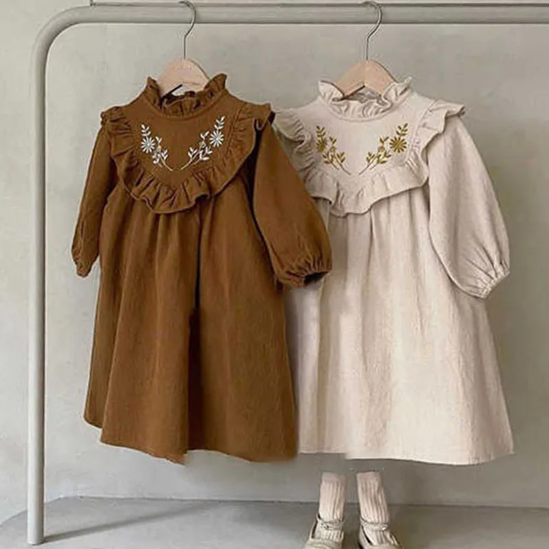 

Autumn New Retro Girl Dress Cotton Baby Girls Turn-down Collar Button Ruffle Long Sleeve Dresses Casual Kids Clothes TZ80