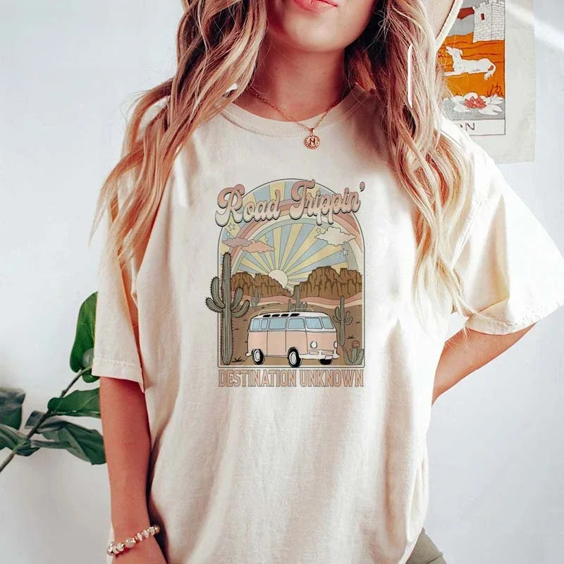 Plus Size Women Clothing Road Trippin Graphic Shirts Cotton T-shirt Fashion Short Sleeve Female Tee Vintage Grunge Aesthetic Top