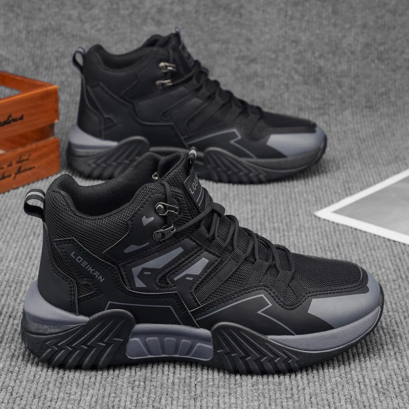 LOEIKAN Men High Top Hiking Shoes, Non-Slip Wear Resistant Outdoor Ankle Boots, Lace Up Casual Trekking Footwear