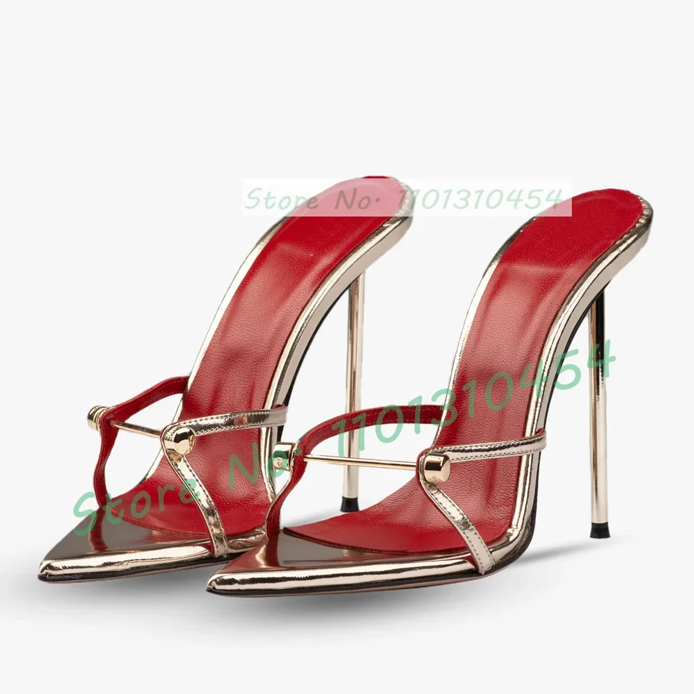 Silver Patent Leather Long Nail Pointy Mules Women Sexy Double Strap Luxury Stiletto Heel Shoes Ladies Summer Metal Slippers