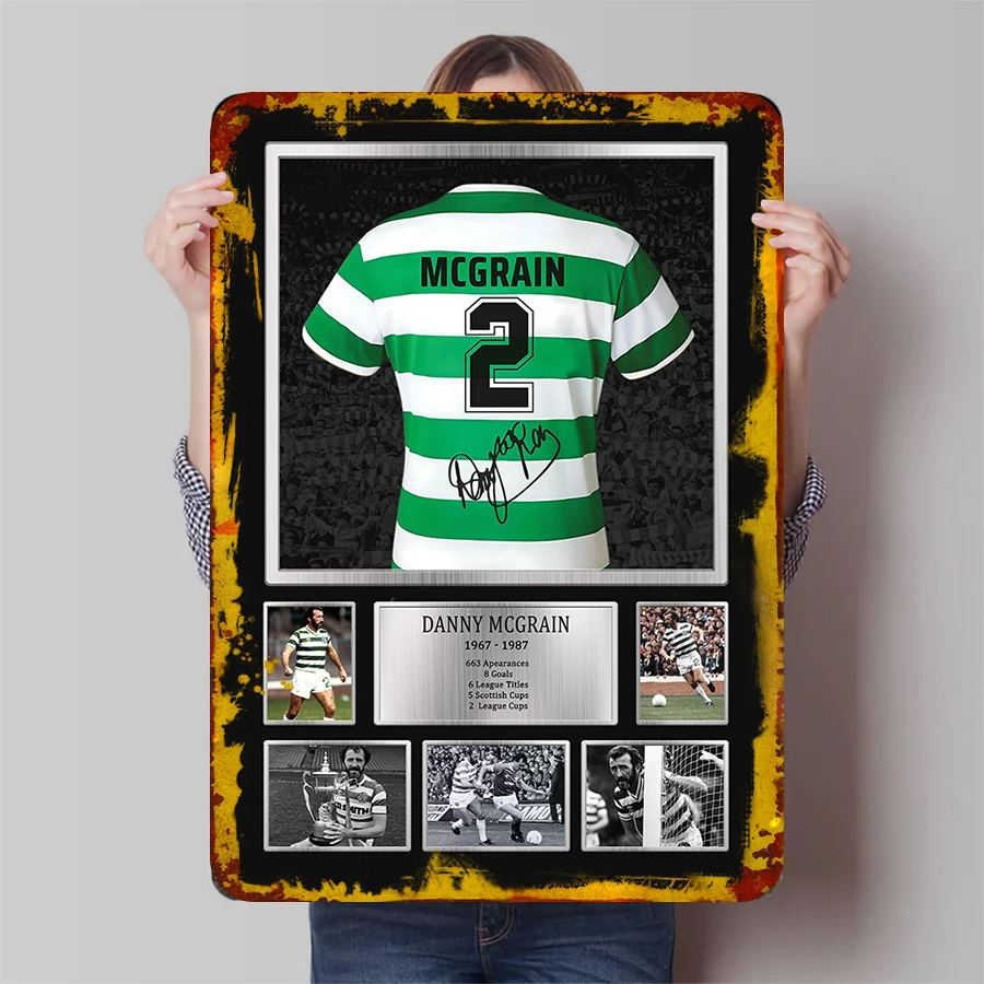 Danny McGrain Autographed Celtic FC Retro Jersey Metal Poster with Career Stats and Action Photos