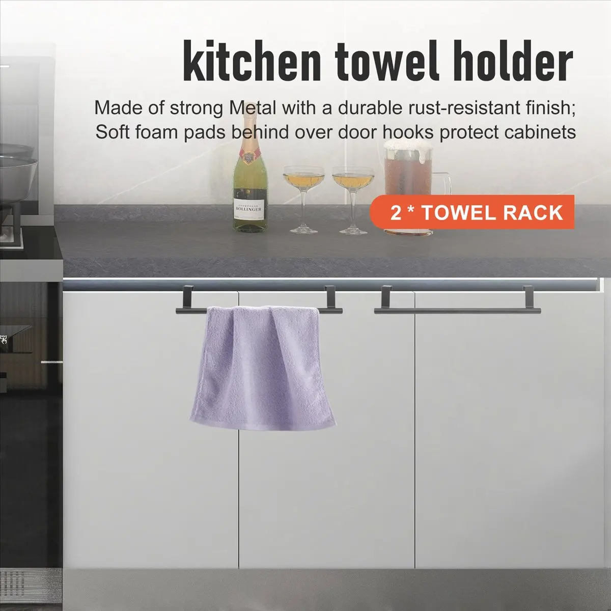 newyear828 Over the Door Towel Rack, Kitchen Towel Holder, over Cabinet Towel Bar, Matte Black 2 Pack,for Hand, Dish, Tea Towels