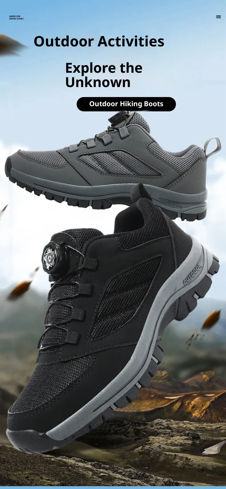 Men'S Large 39-48 Spring And Autumn Outdoor Sports Lace Rotating Buckle Comfortable Anti Slip Wear Resistant Hiking Shoes