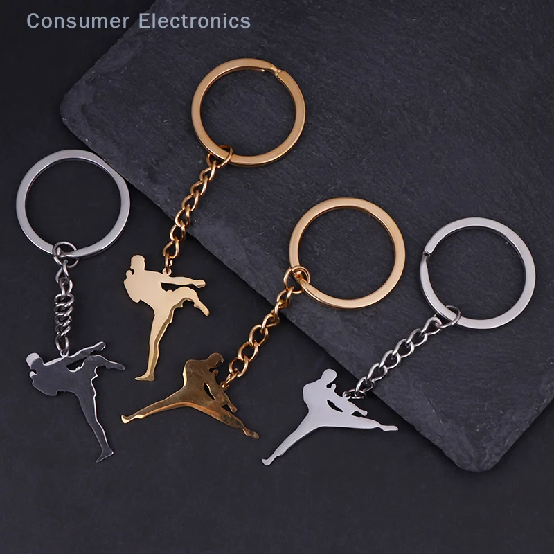 Taekwondo High Kick Keychains For Men Titanium Steel Sports Charm Karate Jiu Jitsu Keyring Jewelry Male Boys Gym Gifts