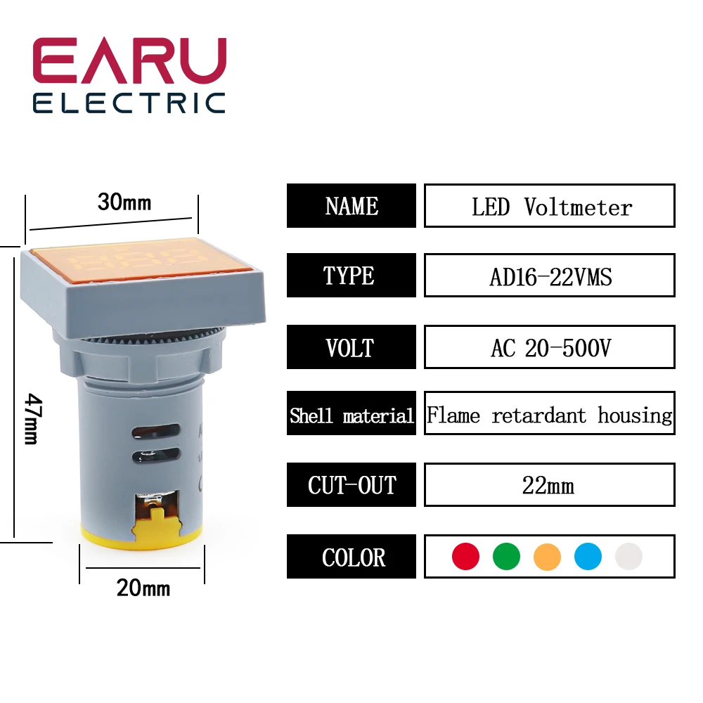 1pc Mini New 22MM AC 20-500V Voltmeter Square Panel LED Digital Voltage Meter Indicator Light Tester Red Blue Yellow Green White