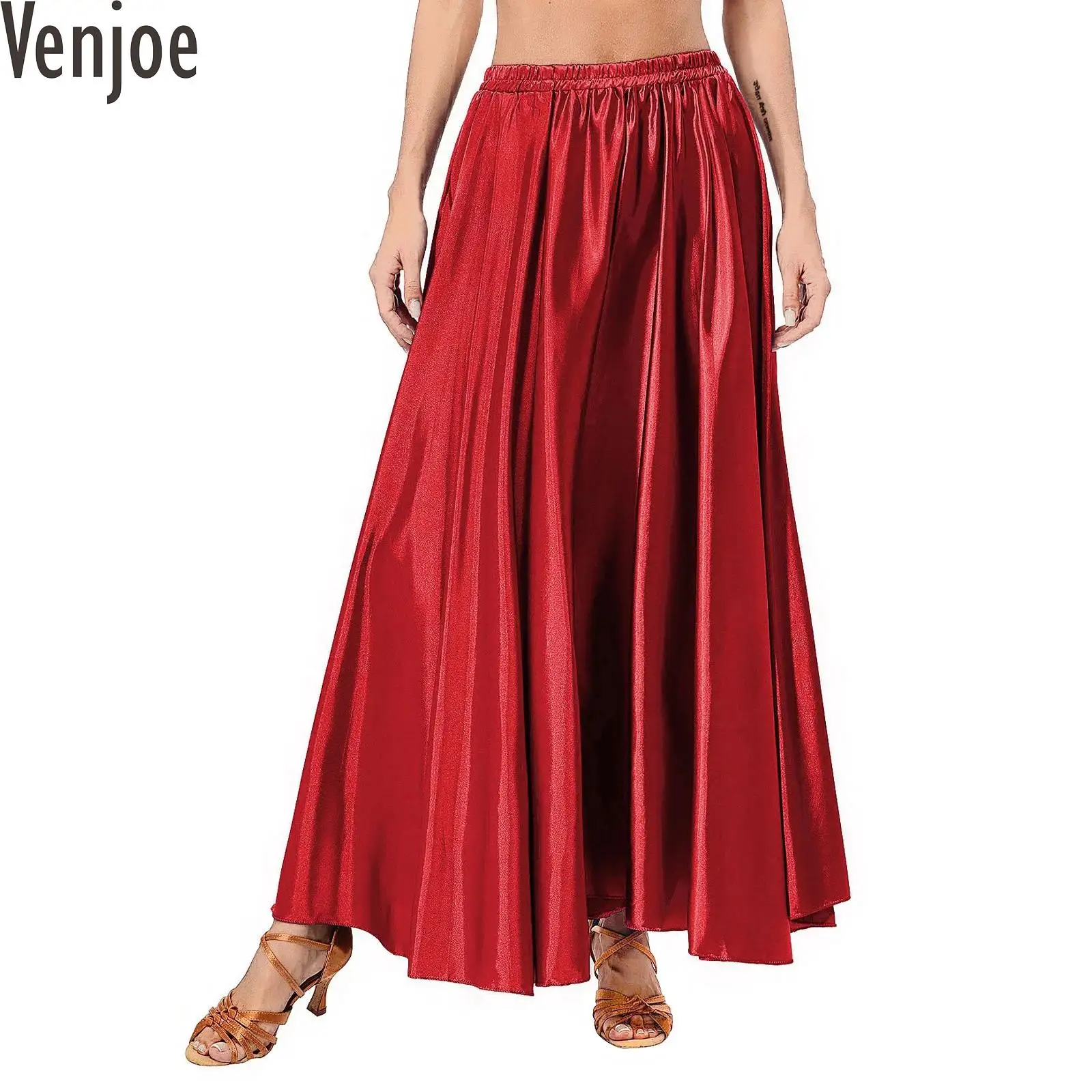 Womens Spaanse Flamenco Bull Dance Rok Satijnen Swing Rok Dans Oefenen Podium Performance Kostuum Ruffle Maxi Rok Dancewear