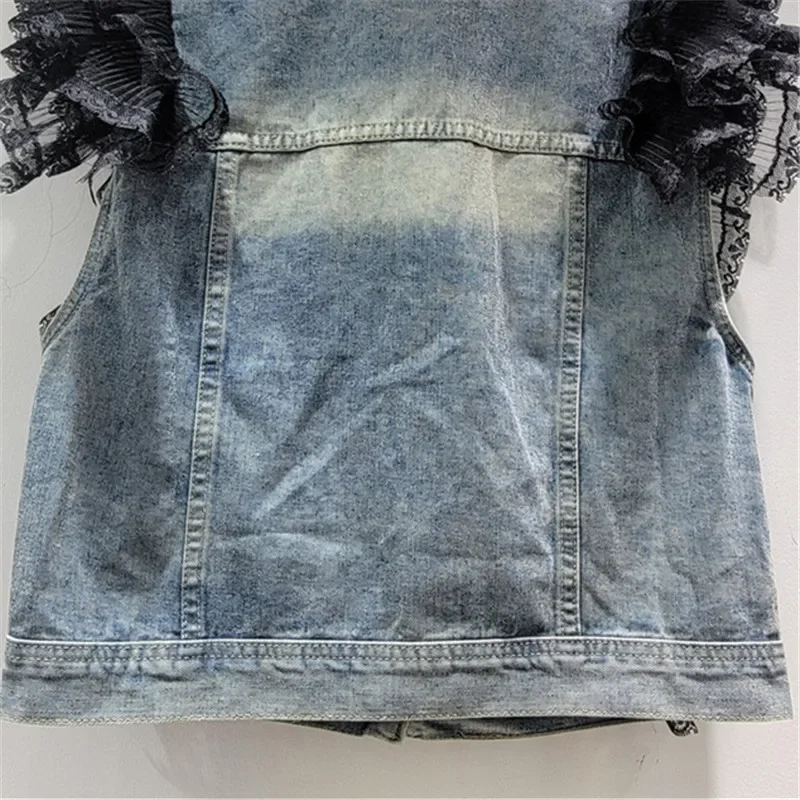 Koreanische Mode Spitze Patchwork Blau Kurze Denim Weste Frühling Frauen Neue Perlen Diamant Turndown Kragen Ärmellose Cowboy Weste