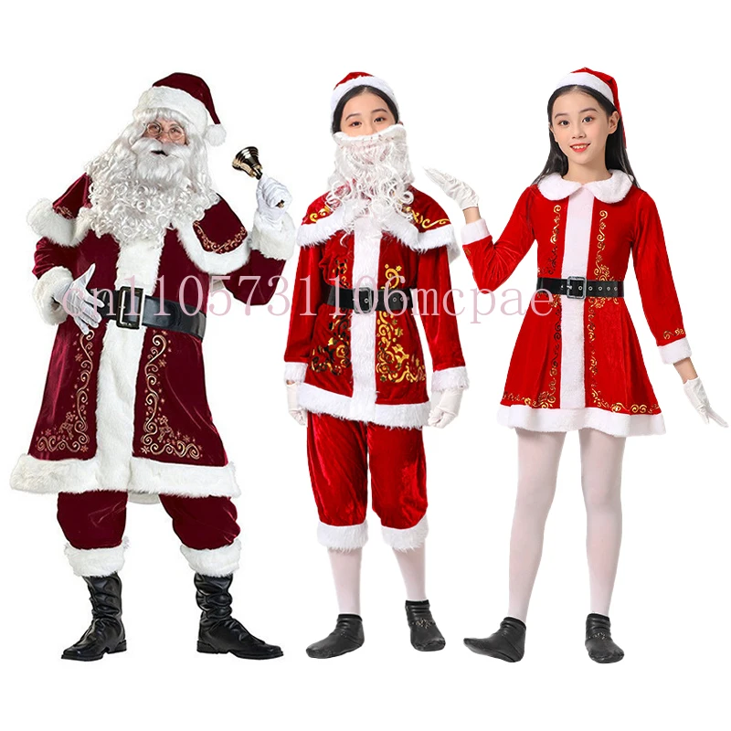 Conjunto de fantasia de Papai Noel de veludo vermelho de luxo – Roupas de festa de Natal combinando para a família para adultos, homens e crianças, terno de cosplay de Natal