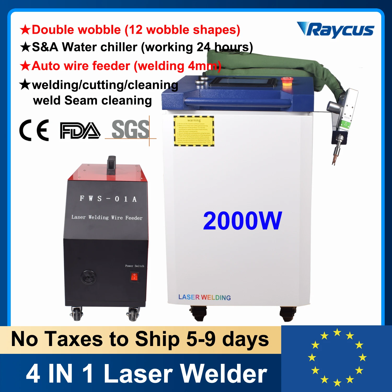 2000W Raycus Fiber Laser Welding Machine 4 in 1 Laser Welding Cutting Cleaning Machine Handheld Double Wobble Fiber Laser Welder