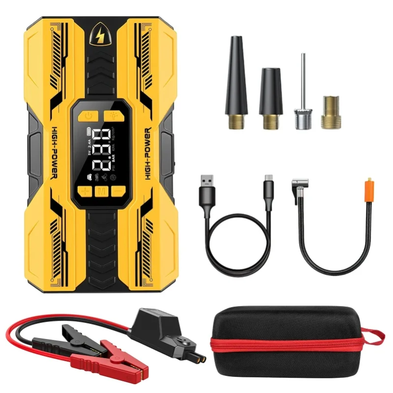12V Rozrusznik samochodowy 8000mAh, pompka do opon 63PSI, maksymalny prąd rozruchowy 600A, prąd rozruchowy 300A, tester ciśnienia w oponach, latarka LED, power bank, 6‑w‑1, awaryjny booster do — 2