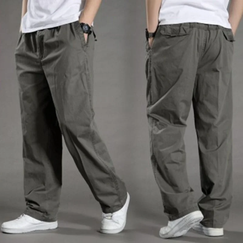 Men's Casual Cargo Pants Elastic Waist Loose Straight Trousers Multi Pockets Breathable Outdoor Work Pants For Male Daily Wear