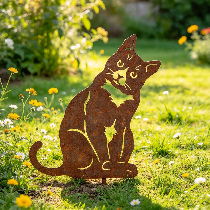 Rusty Metal Cat Garden Stake, Outdoor Yard Art Decor, Rustic Iron Animal Lawn Ornament for Patio Landscape