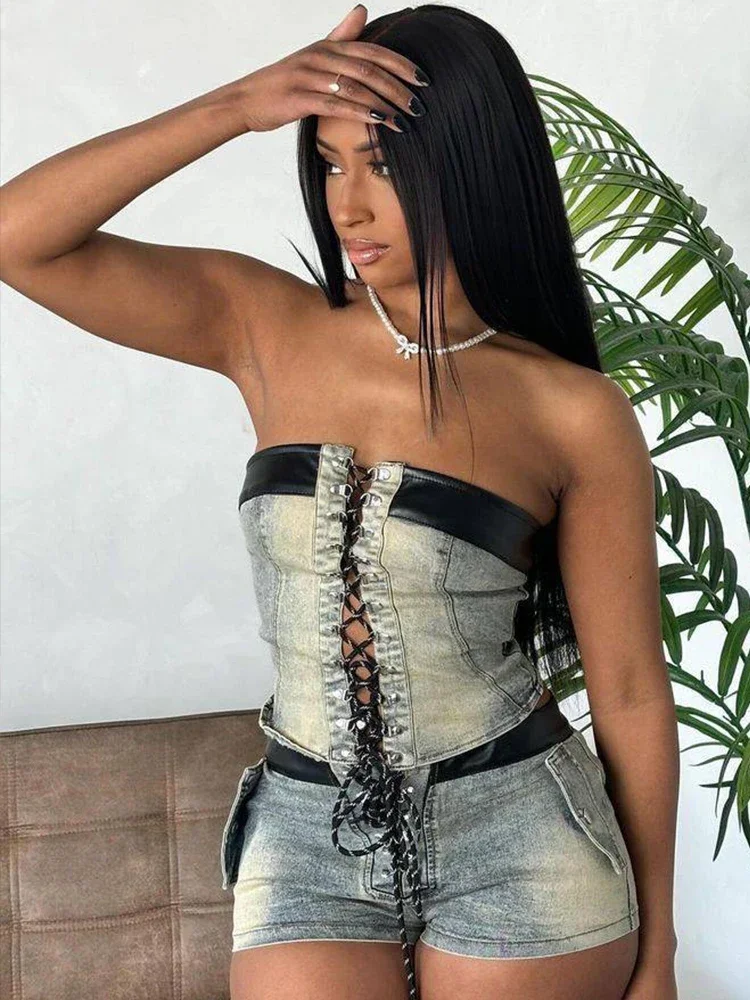 DENIM ฤดูร้อน 2 ชิ้นชุดผู้หญิงหนังขอบ VINTAGE Y2K Shirring เสื้อไม่มีสายหนัง + กางเกงขาสั้น Hipster ฤดูร้อนการจับคู่ชุด