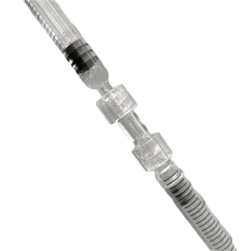 Medyczny plastikowy złączka strzykawkowa Luer Lock, sterylny, transparentny adapter, podwójne złącze, łącznik.