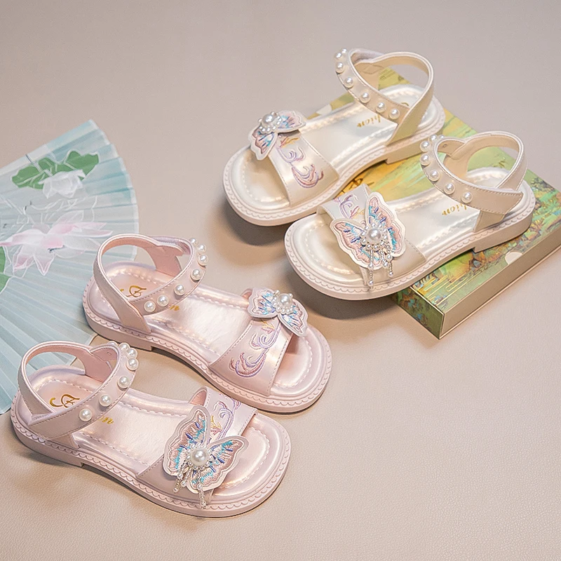 Girls Embroidery Sandals with Butterfly-knot Ethnic Style Fashion Children Beading Princess Sandals Kids Summer Beach Shoes